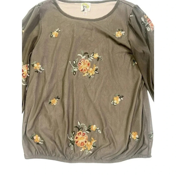Anthropologie Fig & Flower Sz M Mesh Top Olive Brown Embroidered Floral Boho - Picture 4 of 12